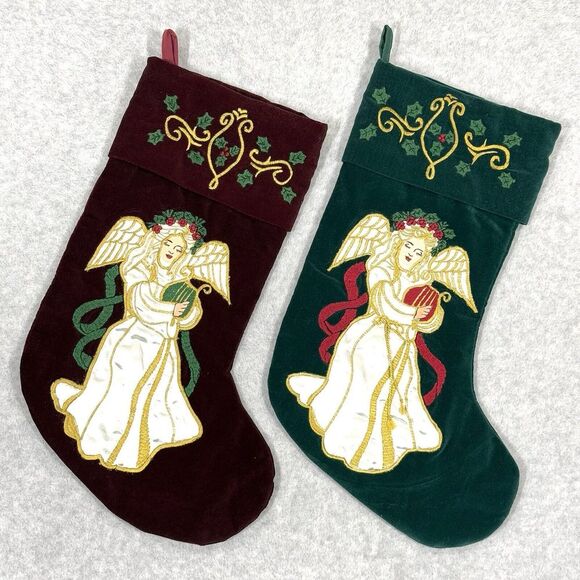 Vintage Other - Vintage Christmas Stocking Velvet Embroidered Angel Harp Burgundy Green Set of 2